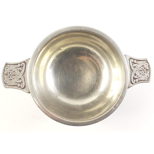 20A - Pewter quaich with Celtic design on handles and around top of the quaich. 11cm dia (exc. handles)#21... 