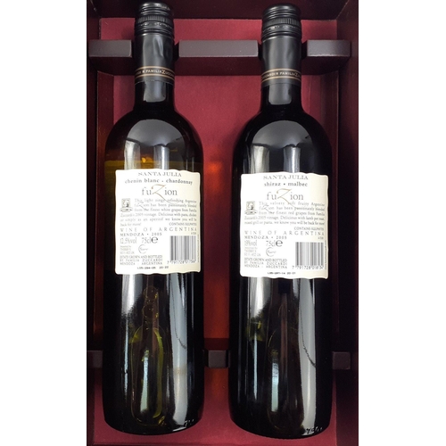 258 - A wooden box presentation set containing two bottles of SANTA JULIA 2005 FUZION Argentinian Wine.  A... 