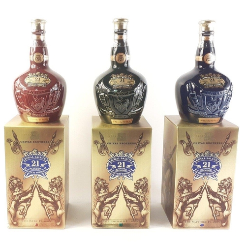 158 - A wonderful set of three CHIVAS ROYAL SALUTE 21 years blended comprising Ruby, Emerald and Sapphire ... 