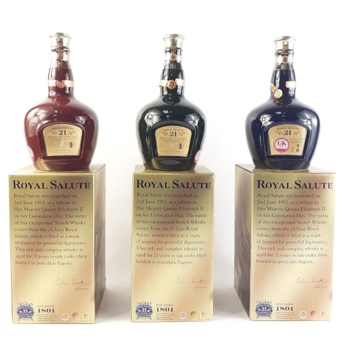 158 - A wonderful set of three CHIVAS ROYAL SALUTE 21 years blended comprising Ruby, Emerald and Sapphire ... 