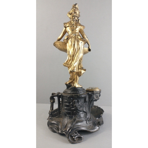 379 - A VINTAGE cast ornate ink stand with an ART NOUVEAU style classical lady and a cherub decoration - d... 