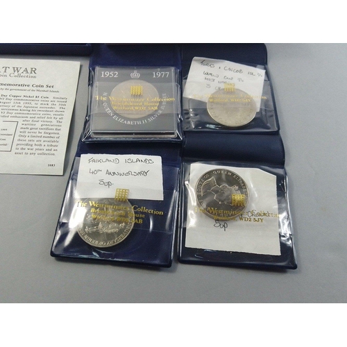 111 - Interesting selection of commemorative coins. Westminster mint nickel and brass set and other commem... 