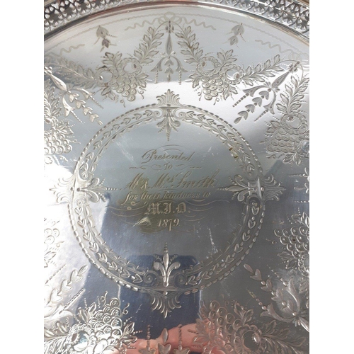 123 - A beautiful WALKER & HALL pierced edge heavy gauge silver plated salver with an 1879 inscription... 