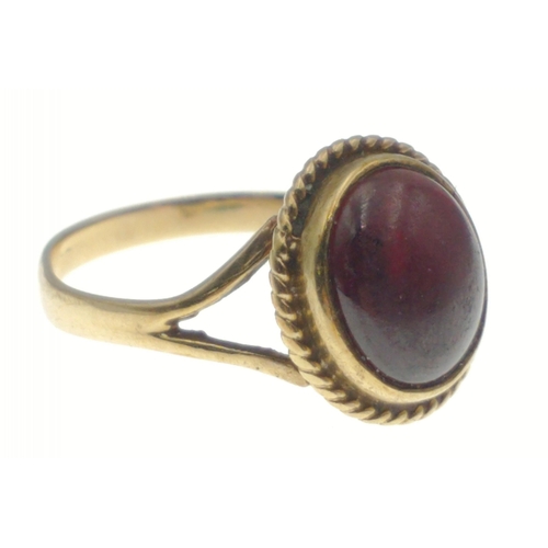 28 - A 9ct gold ring with a red centre stone. Size P,  Gross weight 2.7g approx#28