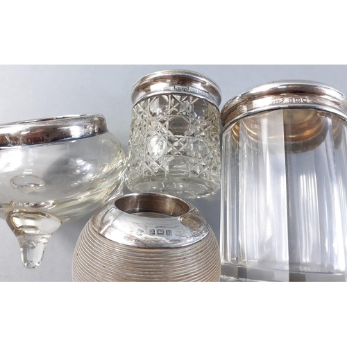 76 - Four cut glass bottles with silver collars including 2 match strikers and 2 lidded jars.  Tallest 7c... 