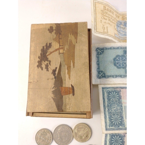 98 - A pretty little Oriental style wooden box containing a quantity of SCOTTISH BANKNOTES comprising 196... 