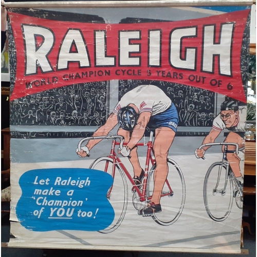 265 - A fantastic RALEIGH paint on canvas advertising poster measuring 6ftx6ft in size mounted on two wood... 