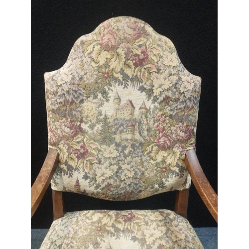 445 - A single pretty nursing chair with attractive floral castle pattern fabric. Height to rear 90cm and ... 