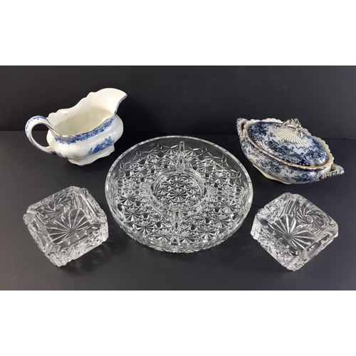 493 - Mixed lot to include two crystal ashtrays, one snack/dip server, one Coronaware gravy jug and a smal... 