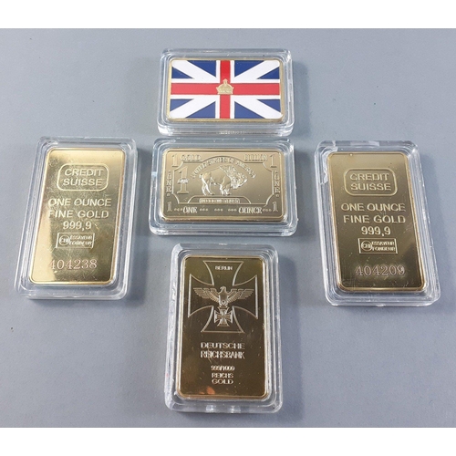 92 - Five modern replica gold plated ingots to include a Nazi bar, two Swiss ingots, a Buffalo bar and a ... 