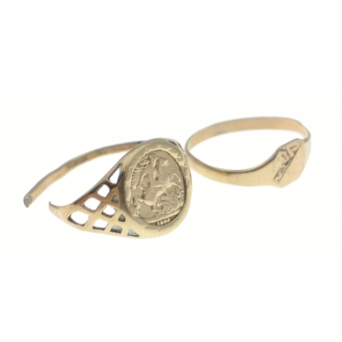 29 - A tiny 9c stamped yellow gold ring size E/F weight 0.39g with a scrap indistinct hallmarked mini sov... 