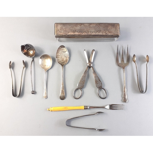 51 - A small collection of vintage EP cutlery including grape scissors and also a glass dressing table bo... 