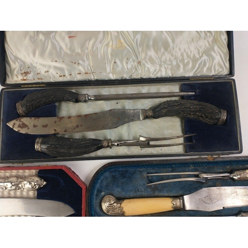 36 - A cased antique silver collared WALKER & HALL carving set Sheffield 1920. Horn handled with stee... 