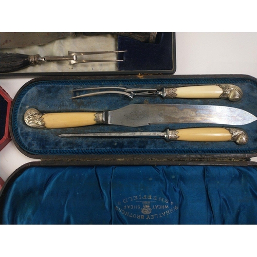 36 - A cased antique silver collared WALKER & HALL carving set Sheffield 1920. Horn handled with stee... 