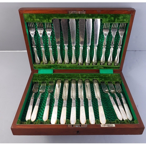 37 - A wonderful WALKER & HALL cutlery canteen box with six W&H plated knives and forks and addit... 