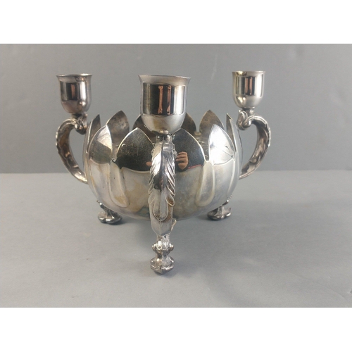 42 - An unusual VINTAGE VINERS three branch table candelabra with a lotus shaped flower bowl, width 18cm ... 