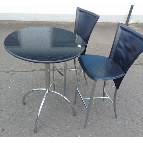 109 - Cafe style marble effect topped bar table with two matching stools.  Table measures 95cm tall, 65cm ... 