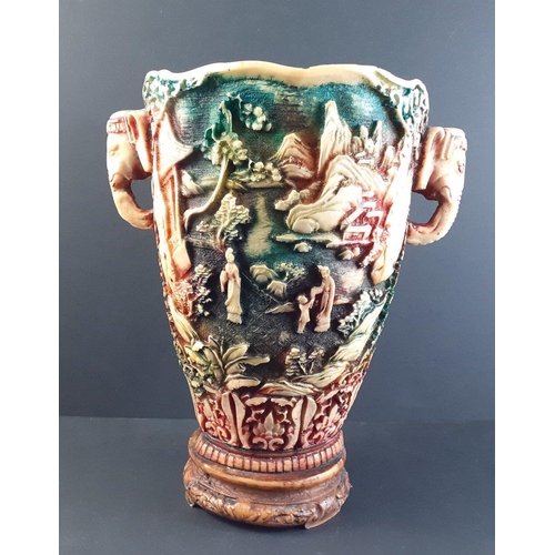 184 - Vintage large carved resin Oriental style elephant handle vase in good collectible condition. 30cm h... 