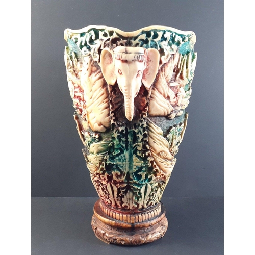 184 - Vintage large carved resin Oriental style elephant handle vase in good collectible condition. 30cm h... 