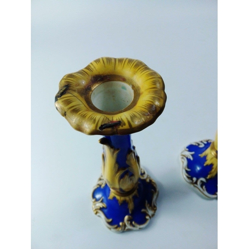 193 - A pair of STUNNING antique c1870's candlesticks, brightly decorated blue ground with apricot, white ... 