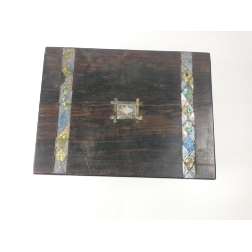 67 - A large dark wood jewellery box (30x22x14cm approx) with a mother of pearl decorative band (several ... 