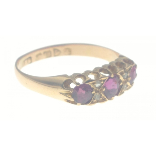 108 - An 18ct ruby and diamond (tested) ring with 3 rubies and 4 small diamonds, size Q, gross weight 2.9g... 