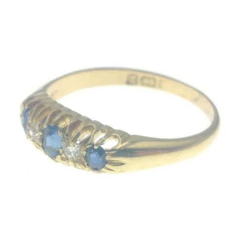 109 - A STUNNING!  9ct diamond (tested) and sapphire gold ring, with 3 nice sapphires and 2 diamonds, size... 