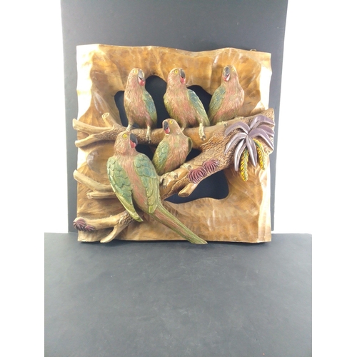 12 - A spectacular hand-carved wooden plaque depicting 5 parrots on a branch.  Measures approx 50x50cm#12... 