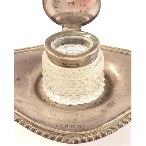 164 - A silver hallmarked cut glass inkwell and base (21cm approx), marked collar and base for Birmingham ... 