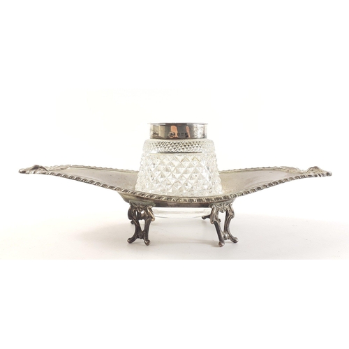 164 - A silver hallmarked cut glass inkwell and base (21cm approx), marked collar and base for Birmingham ... 