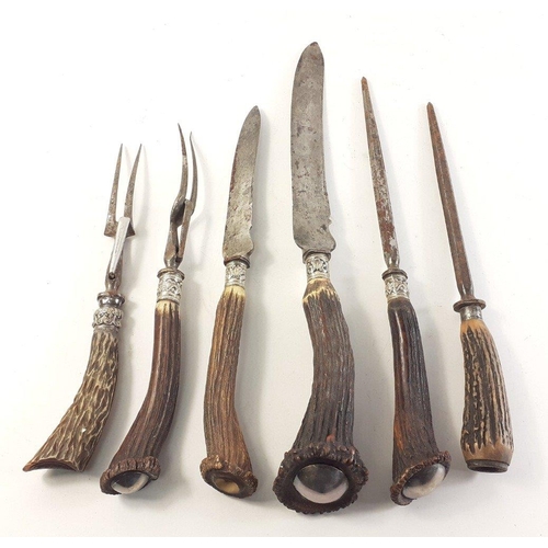 179 - Six antique horn handled serving cutlery pieces. The longest 40cm approx. All with plated collars an... 