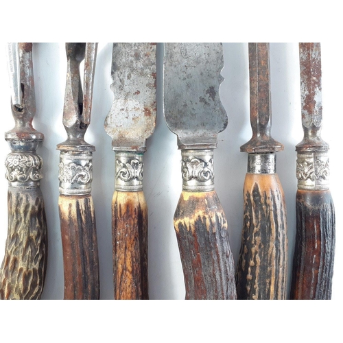 179 - Six antique horn handled serving cutlery pieces. The longest 40cm approx. All with plated collars an... 