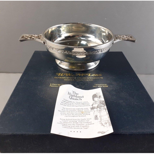 184 - A boxed SCOTTISH PIPER pewter quaich with Celtic design made in UK,  diameter 10cm approx#190