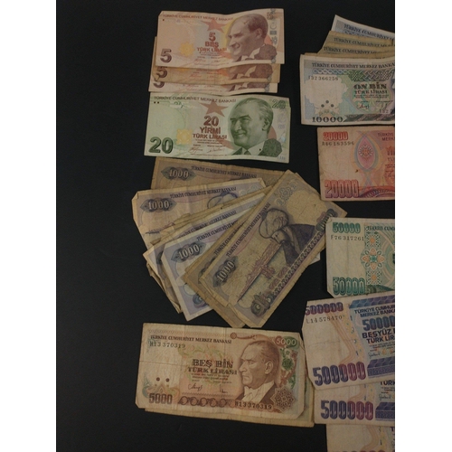 232 - A selection of Turkish lira banknotes of interest.  Some high denomination.  All with wear from circ... 