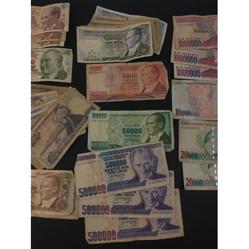 232 - A selection of Turkish lira banknotes of interest.  Some high denomination.  All with wear from circ... 