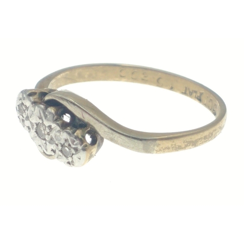 24 - A 9ct gold ring with three small inset diamonds. A pretty ring.  Size P. Gross weight 2.3g approx.#2... 