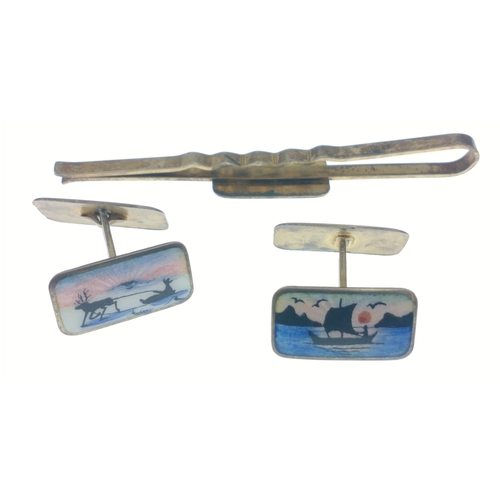 262 - VINTAGE NORWEGIAN NORNE silver and enamel stamped 925 tie pin and cufflink set with a sailing boat o... 