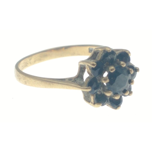 27 - A lovely 9ct gold ring with a cluster of 8 deep blue sapphires around a central sapphire. Size M.  G... 