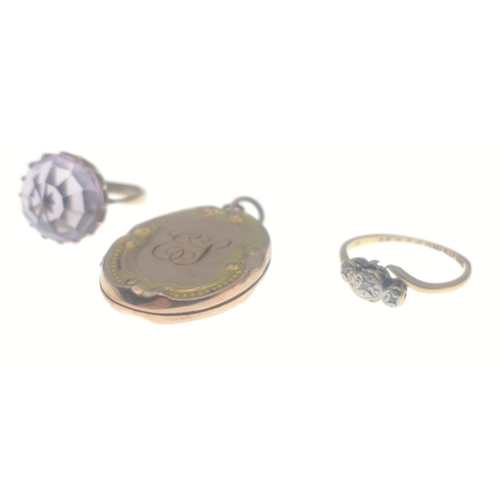 284 - A pendant stamped 9ct back & front, a ring 18ct plated, and an unmarked ring with a purple stone... 