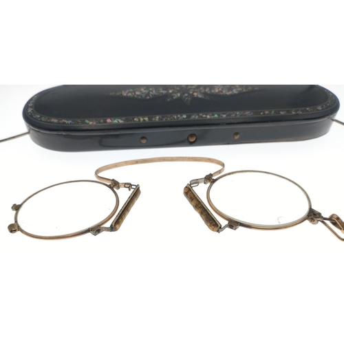 289 - A pair of gilt pince-nez within a vintage ABALONE decorated case#297