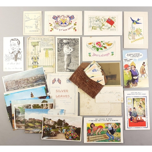 296 - A small collection of postcards of interest to include 4 WWI era silk cards, other postcards and a s... 