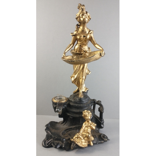 655 - A VINTAGE cast ornate ink stand with an ART NOUVEAU style classical lady and a cherub decoration - d... 