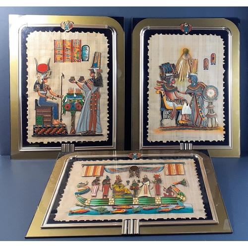 656 - Three boxed framed ornate Egyptian papyrus pictures, being Queen Nefertiti offering to the Goddess I... 