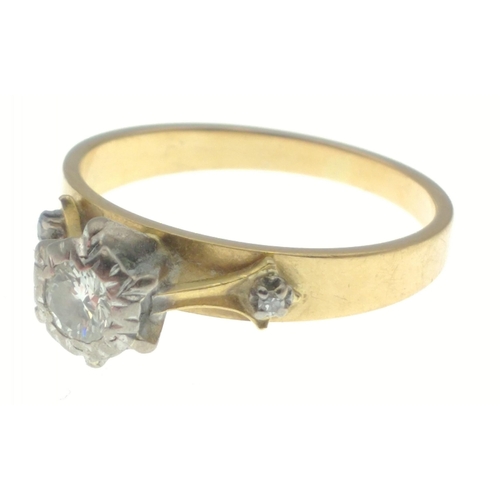 66 - An 18ct indistinctly stamped gold diamond ring with central diamond 4mm approx and 2 smaller stones ... 