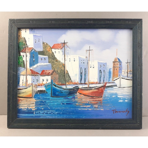 663 - A small vibrant original artwork of a harbour scene.  Signed lower right by THOMAS frame measures 29... 