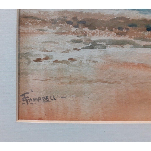 666 - A framed and glazed original water colour by Glasgow born artist F CAMPBELL of a beach scene and isl... 