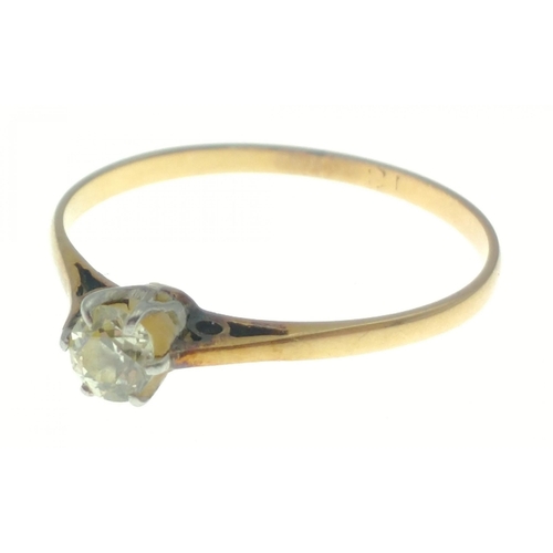 72 - A highly attractive faintly stamped 18ct gold ring 4mm central diamond, size O, gross weight 1.2g ap... 