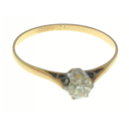 72 - A highly attractive faintly stamped 18ct gold ring 4mm central diamond, size O, gross weight 1.2g ap... 