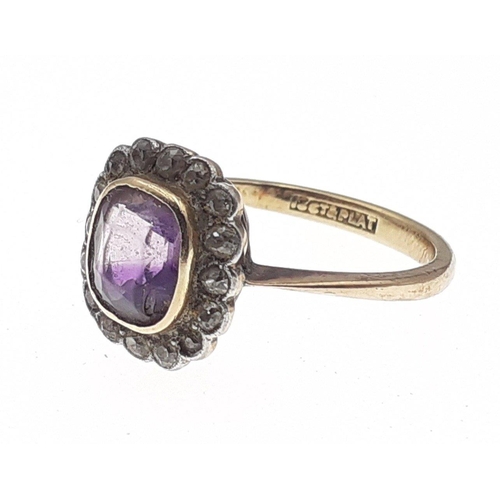 92 - A vintage 18ct and platinum ring with cushion set amethyst and diamonds, size  N, gross weight 3.75g... 