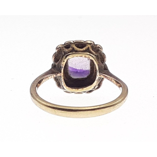 92 - A vintage 18ct and platinum ring with cushion set amethyst and diamonds, size  N, gross weight 3.75g... 